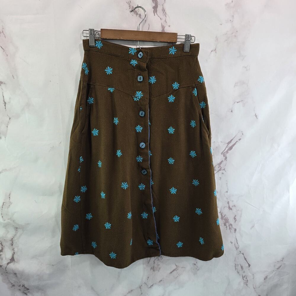 Vintage Skirt Womens XS 26 2 Brown Midi Button Embroidered Prairie Cottagecore